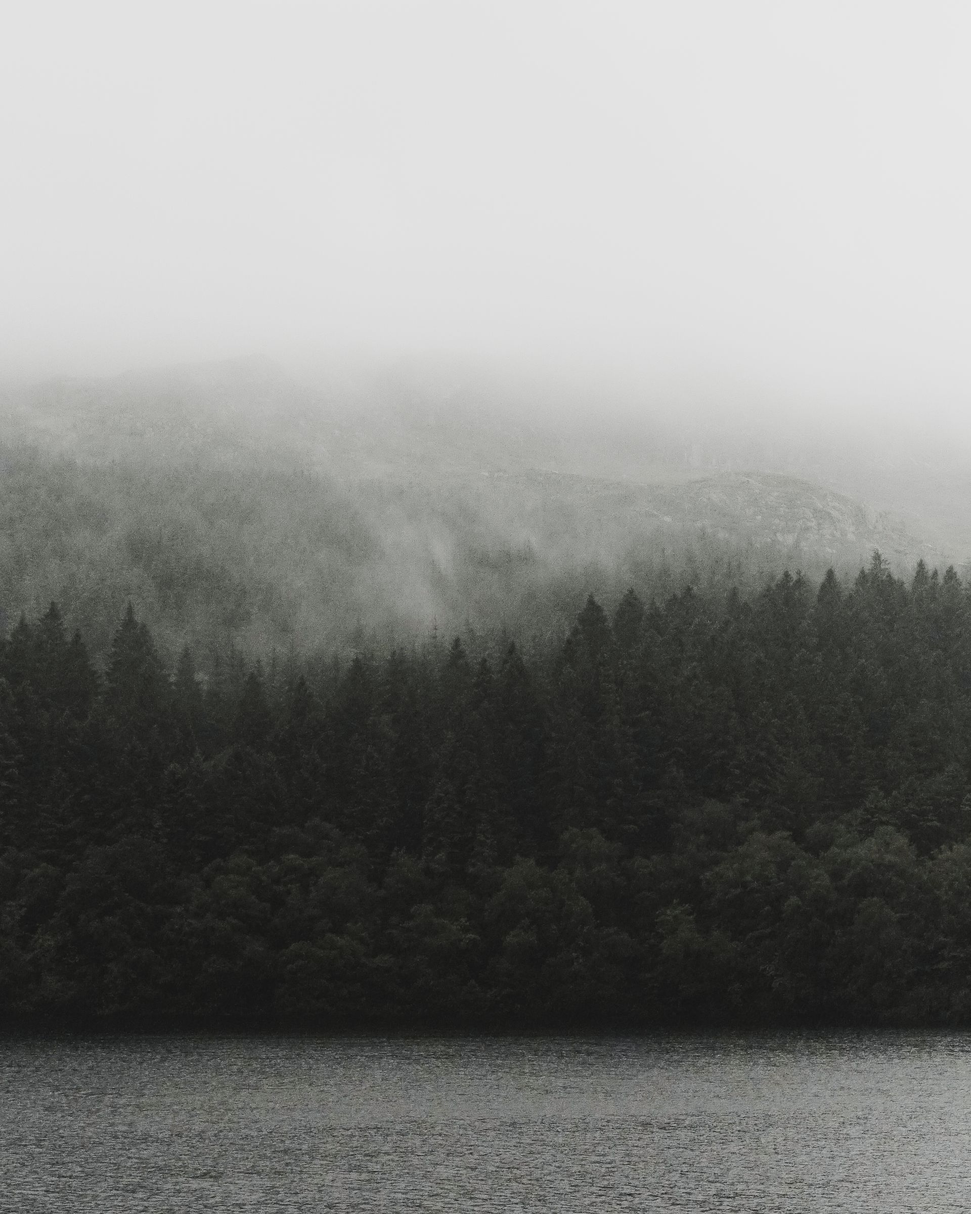 Mist drifting across a still lake beneath forested mountains