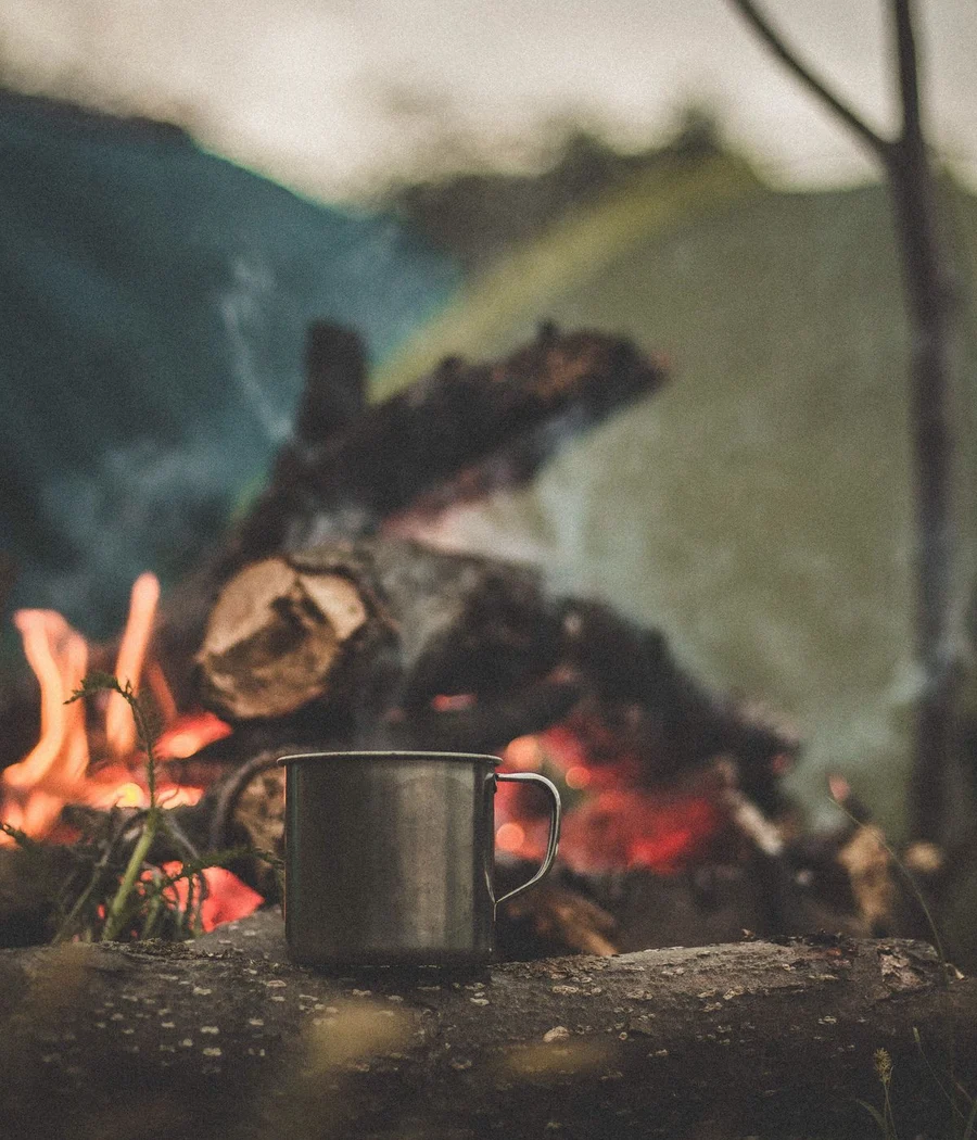 An unmarked steel camp mug on a log beside a campfire